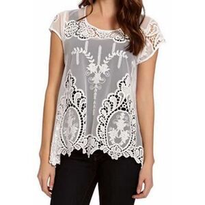 Karen Kane Sheer White Embroidered Shark Bite Hem Top Sz XL Whimsical, LWT